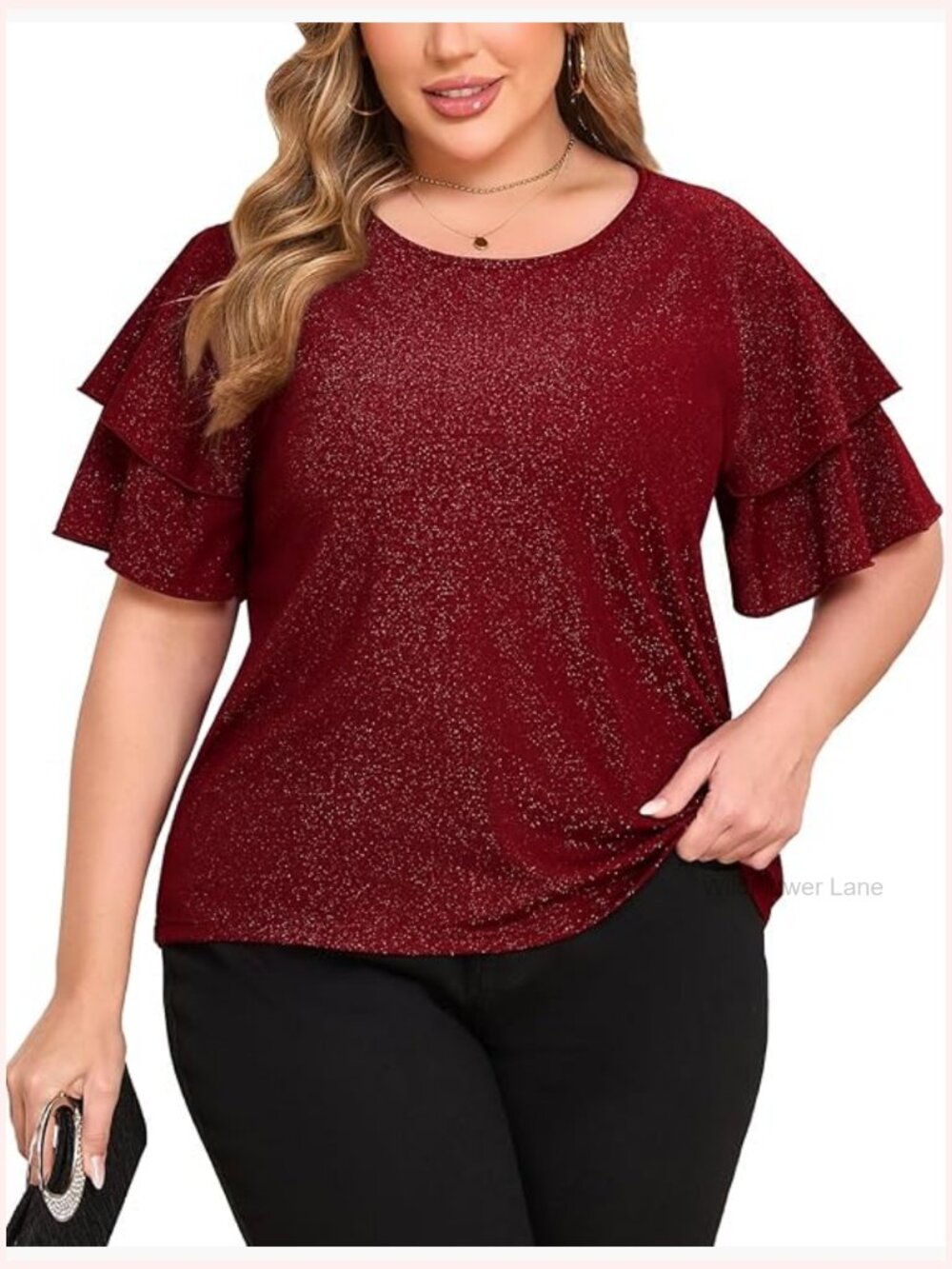 Plus Size Sparkly Top Glitter Blouse Short Ruffle Sleeves Dressy Shirt